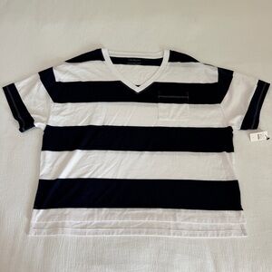 Talbots Women’s L Navy & White Stripe V Neck Tee Shirt, Coastal Beach Classic